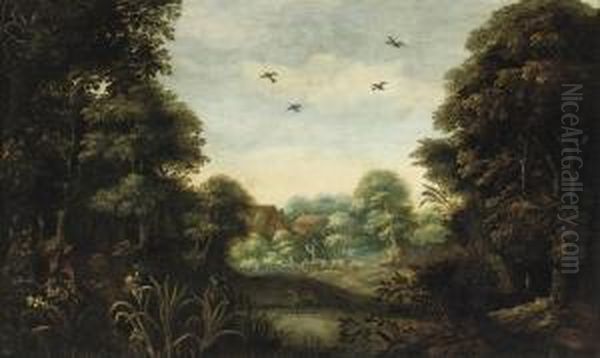 A Wooded Landscape With A Peasant And His Herd Near A Village Oil Painting by Abraham Govaerts