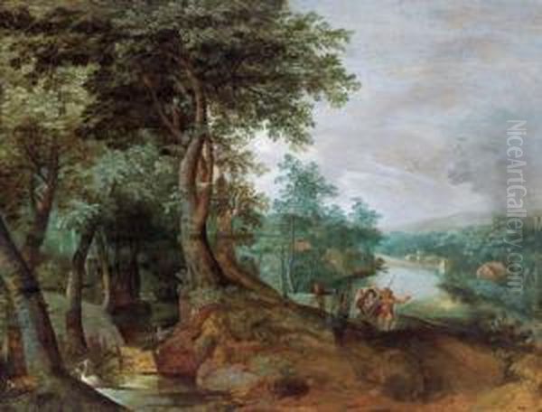 Paesaggio Fluviale Boschivo Con Figure Oil Painting by Abraham Govaerts