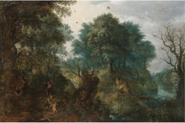 A Wooded Landscape With Woodcutters Near A River Oil Painting by Abraham Govaerts