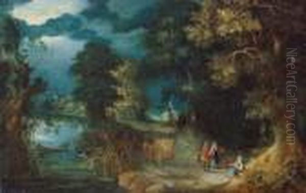 Flusslandschaft Mit Einem Pferdefuhrwerk Und Wanderern. Oil Painting by Abraham Govaerts