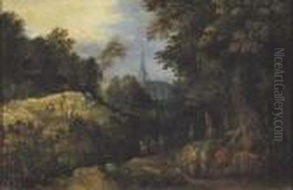 Paesaggio Boscoso Con Viandanti E Falciatori Di Grano Oil Painting by Abraham Govaerts