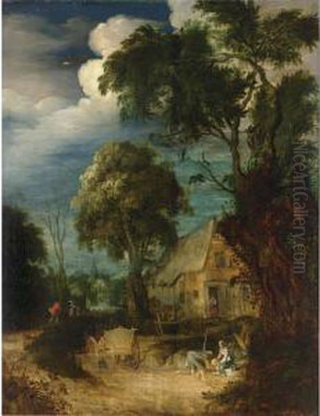 A Wooded Landscape With Peasants
 With A Horse-drawn Cart Near A Farm And Shepherds With Their Flock On A
 Path In The Background Oil Painting by Abraham Govaerts