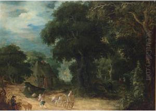 A Wooded Landscape With A Woman 
In A Horse-drawn Cart And A Shepherd And His Herd On A Path, A Peasant 
Playing A Flute In The Left Foreground Oil Painting by Abraham Govaerts