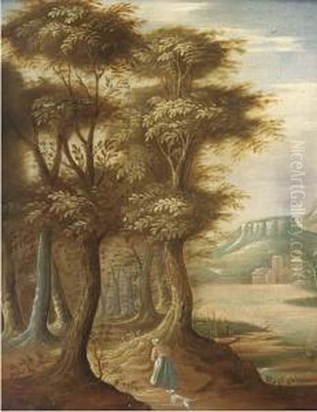 A Wooded Landscape With A Woman And A Dog On A Track Oil Painting by Abraham Govaerts