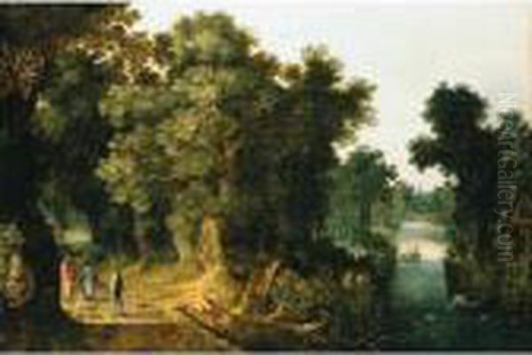 A Wooded River Landscape With Figures On A Path And Fishermen On A Rowing Boat Oil Painting by Abraham Govaerts