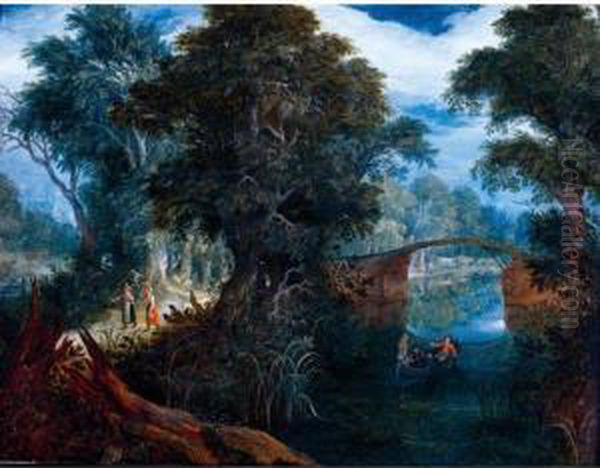 A Wooded River Landscape With Travellers Passing By A Bridge Oil Painting by Abraham Govaerts