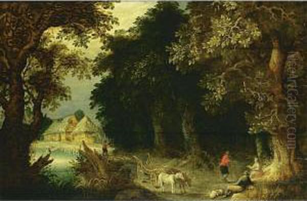 A Wooded Landscape With 
Travellers Resting Near A Tree, With A Horse-drawn Wagon On A Path Near A
 Stream And Farmhouses Beyond Oil Painting by Abraham Govaerts