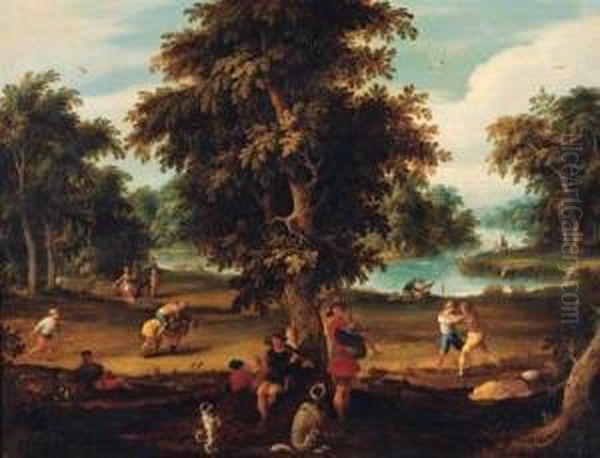 Peasants Making Music And Disporting In A Wooded Riverlandscape Oil Painting by Abraham Govaerts