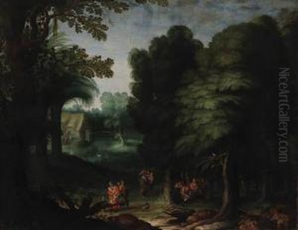 A Wooded Landscape With Peasants Feasting In A Clearing Oil Painting by Abraham Govaerts