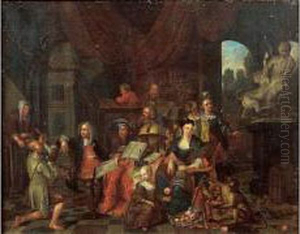 Portrait De Gentilhomme Entoure De Sa Famille Dans La Bibliotheque Du Palais Oil Painting by Hendrik Govaerts