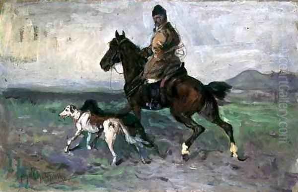 Rider with Greyhounds, c.1890 Oil Painting by Jan van Chelminski