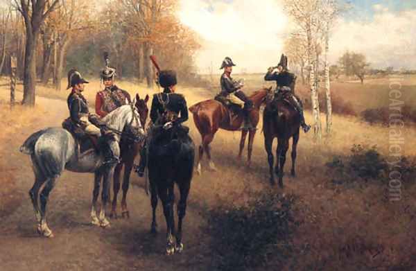 Prussian Staff And Cavalry Officers On Reconnaissance Oil Painting by Jan van Chelminski