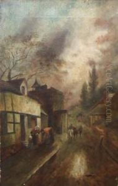 Village Scene With Figures And Horses In A Road Oil Painting by James Walter Gozzard