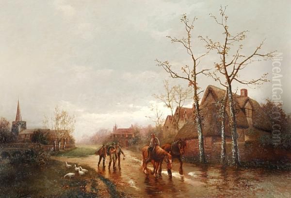 Farmers And Horses On A Country Track, And Another: Farm Workers On A Village Lane Oil Painting by James Walter Gozzard