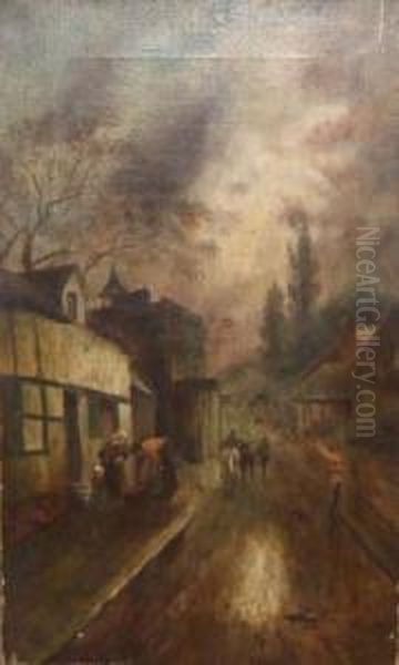 Evening Village Scene With Numerous Figures by James Walter Gozzard