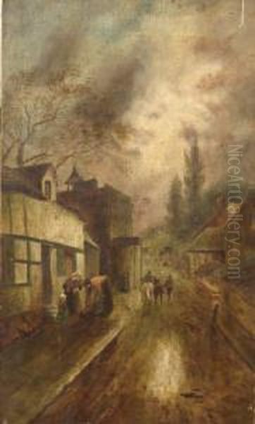 Evening In The Village, Figures Returning Home Oil Painting by James Walter Gozzard