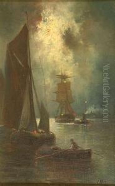 Shipping In The Moonlight Oil Painting by James Walter Gozzard