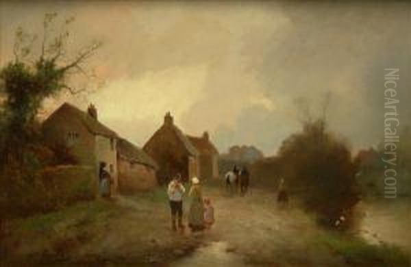 End Of Day,village Scene With Figures And Horses Oil Painting by James Walter Gozzard