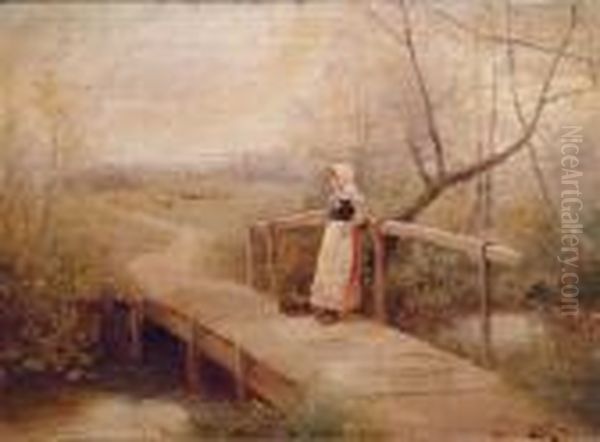 A Young Girl With Basket Resting On A River Bridge With Sheep In The Distance Oil Painting by James Walter Gozzard