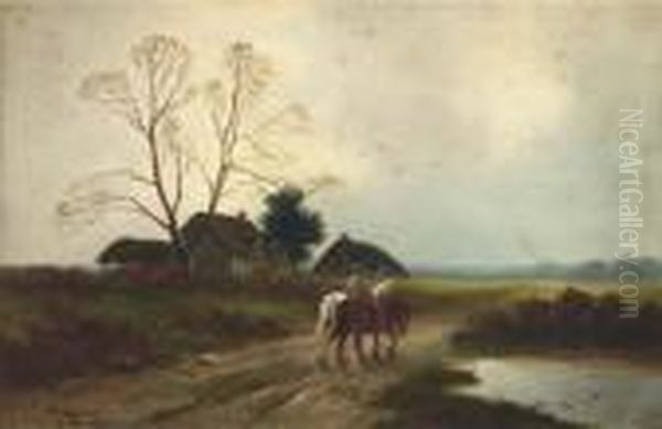 A Farmer With Horses On A Country Road With Cottages In Thedistance Oil Painting by James Walter Gozzard