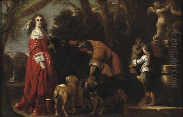 An Elegantly Dressed Lady And 
Her Son In A Parklandscape Near A Fountain, A Male Servant Attending Her
 Dogs Nearby Oil Painting by Barent Graat