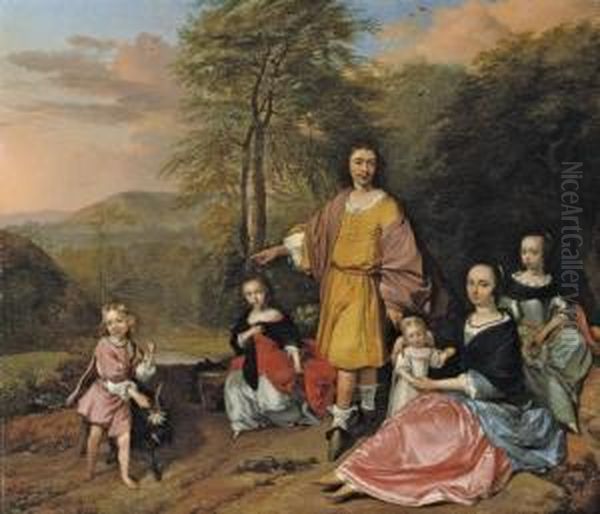 A Family Group Portrait, Full-length, Standing In A Landscape Oil Painting by Barent Graat