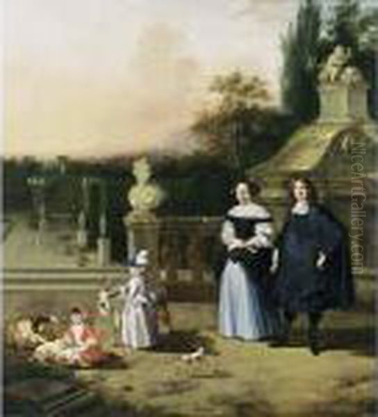 A Portrait Of A Gentleman And 
His Wife, Both Standing Full-length With Their Two Children Playing With
 A Goat And Sheep, Together With A Dog, All In A Garden Setting Oil Painting by Barent Graat