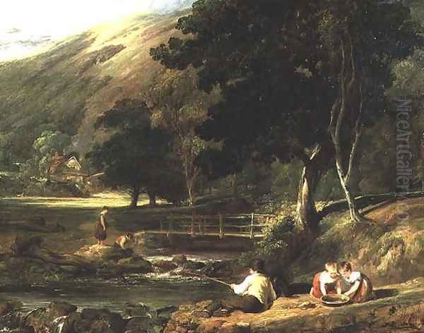 Borrowdale, Cumberland, with Children Playing By A Stream, 1823 Oil Painting by William Collins