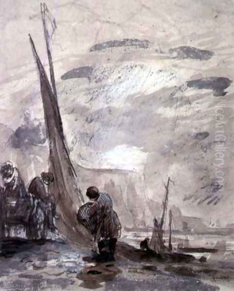 Figures with Cart and Boats on the shore, near cliffs Oil Painting by William Collins