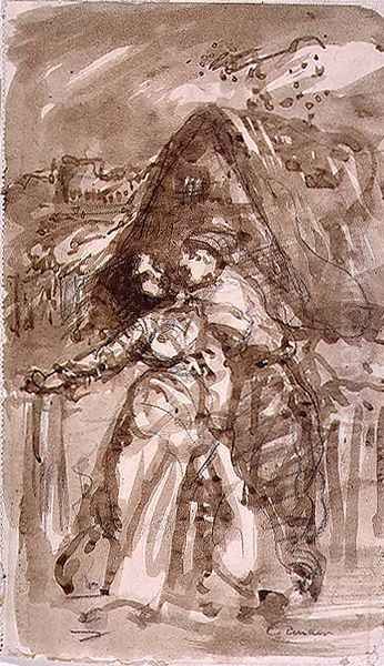 Sketch of a Man embracing a Woman at a Cottage Gate Oil Painting by William Collins