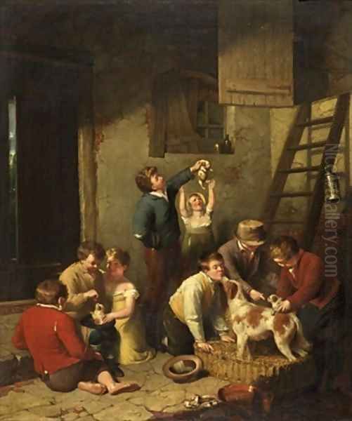 Children Playing with Puppies Oil Painting by William Collins