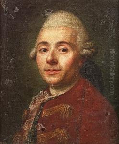 Portrait Of A Gentleman, 
Bust-length In A White Lace Cravat, A Red Tunic And Blue Waistcoat 
Embroidered With Gold Oil Painting by Anton Graff