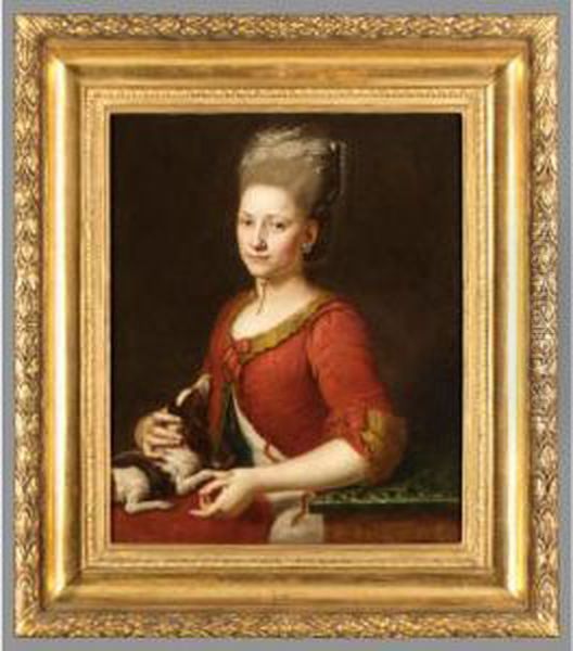 Portrait Of A Young Lady, Half-length, In A Red Dress And Holding A Dog Oil Painting by Anton Graff