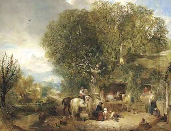 Figures by a cottage in an extensive wooded landscape Oil Painting by William Collins