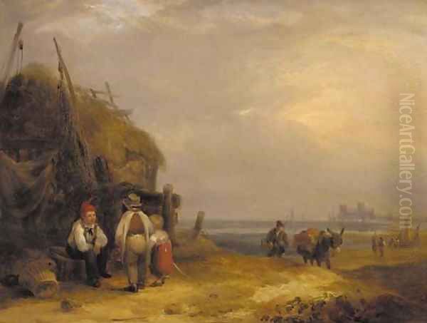 Figures conversing by a fisherman's hut Oil Painting by William Collins