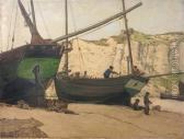 Beached Fishing Vessels With Cliffs Oil Painting by George Ii Graham