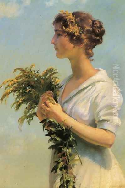 Girl with Goldenrod Oil Painting by Charles Curran