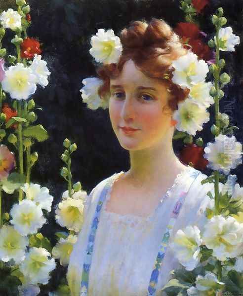 Among the Hollyhocks Oil Painting by Charles Curran