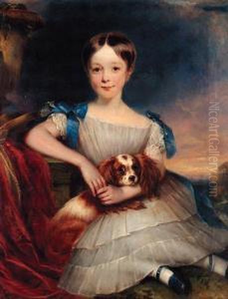 Portrait Of A Young Boy, Thought
 To Be Sir John Pitfield, Seatedfull-length, In A White Dress With Blue 
Ribbons, A Toy Spaniel Onhis Lap, A Landscape Beyond Oil Painting by John Graham Gilbert