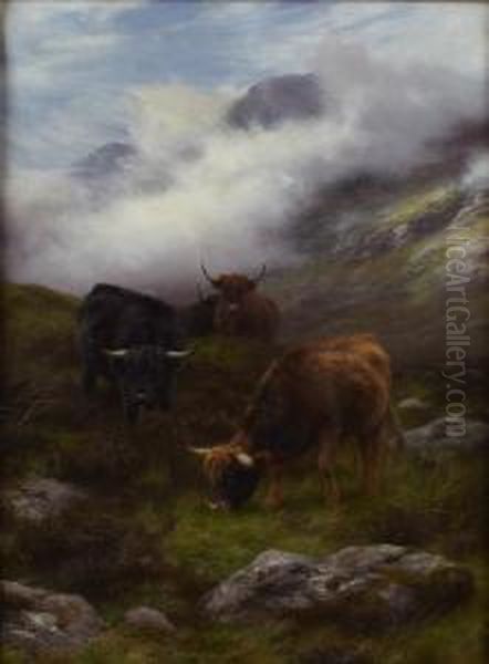 Highland Cattle In A Mountain Glen Oil Painting by Peter Graham