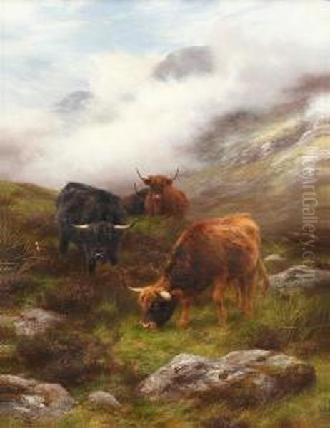 Highland Cattle In A Mountainous Landscape Oil Painting by Peter Graham