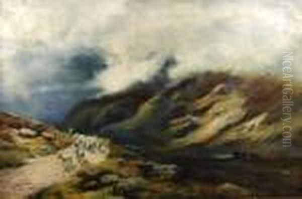 Highland Valley Scene With A Shepherd And Flock Of Sheepon Track To Foreground Oil Painting by Peter Graham