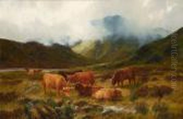 Cattle Grazing In The Highlands Oil Painting by Peter Graham