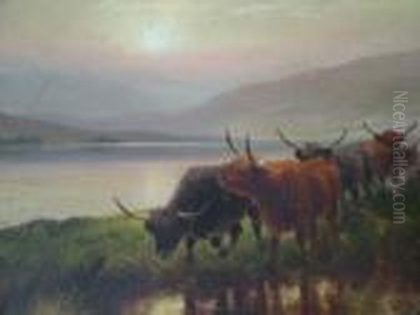 Highland Cattle, Loch Earn Oil Painting by Peter Graham