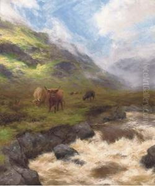 Highland Cattle By A Stream In Full Spate Oil Painting by Peter Graham