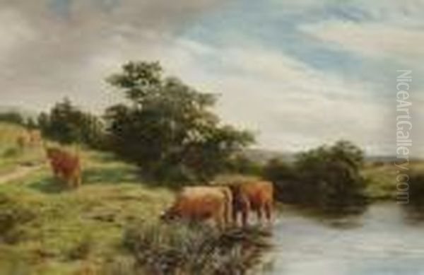 Highland Cattle Watering Oil Painting by Peter Graham