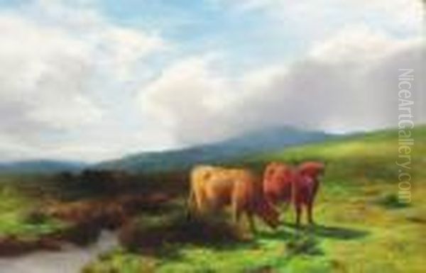 Highland Cattle By A Burn Oil Painting by Peter Graham