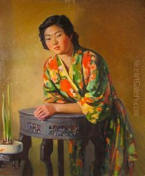 A Portrait Of A Japanese Woman Wearing A Kimono Oil Painting by Robert Alexander Graham