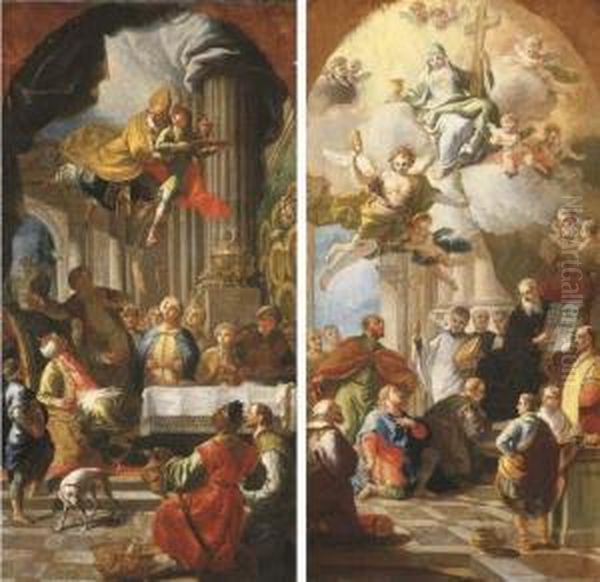 Saint Nicolas Of Bari Rescuing Adeodatus; And Saint Benedict Giving His Rule Oil Painting by Daniel Gran