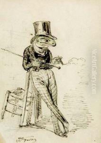 Grenouille Habillee Fumant Le Cigare Oil Painting by J. J. Grandville